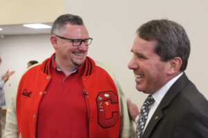 Former Camas Mayor Scott Higgins (left) laughs with Camas City Administrator Pete Capell (right) during the 2018 Camas State of the Community address. Capell, who has served as the city's chief off day-to-day operations, announced his retirement today, effective Jan. 1, 2020.