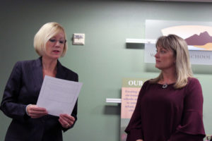 Washougal School District Superintendent Dr. Mary Templeton (left) swears in the newest Washougal School Board Director Angela Hancock (center) while board director Donna Sinclair (right) looks on, during a school board meeting, Tuesday, Sept. 25. Hancock, who was appointed by the board Tuesday night, is a longtime Washougal schools volunteer, former school district employee and the mother of two current Washougal students. She replaces longtime director Elaine Pfeifer, who resigned in July after serving nearly 14 years on the Washougal School Board. 