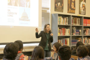 Congressional candidate Carolyn Long, the Democratic challenger to incumbent Republican Rep. Jaime Herrera Beutler for Washington's 3rd Congressional District seat, speaks to students at Camas High School, Tuesday, Oct. 2, about getting more involved in politics on local, state and federal levels. 