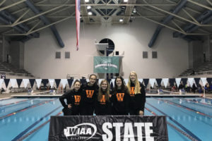 Washougal's 200 relay team celebrates a 15th place state finish.  (from left to right) Kyra Schmid, Charlotte Baker, Lily Seitz, Kaylyn Schmid, Merritt Jones. (Photo courtesy Debbie Schmid)