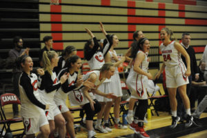 Celebration time, as the clock winds down on a big Papermaker win over West Linn on Dec. 11. 