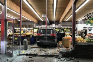 Police say a Camas woman drove her GMC  through the front windows of Camas Produce around 6:30 p.m., Thursday, Jan. 10. 