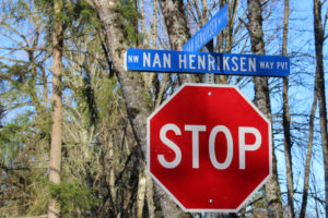 The Camas School District will host a dedication ceremony for the new Northwest Nan Henriksen Way -- a road leading to the former Sharp Electronics campus and current home of Camas' two project-based learning schools, Odyssey Middle School and Discovery High School -- at 5:30 p.m., Thursday, Jan. 24. At top, Nan Henriksen attends a November 2018 "get out the vote" event for Democratic congressional candidate Carolyn Long. 