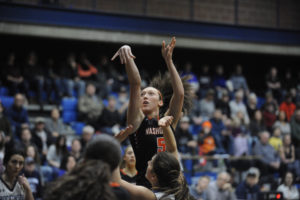 Washougal senior Beyonce Bea elevates for an easy jump shot against Hockinson on Jan. 11. Bea finished with 16 points in the blowout victory. 