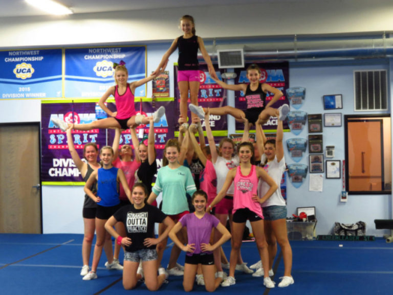 The Vancouver Elite Gymnastics Academy (VEGA) will host a variety of summer camps, including cheerleading camps. Here, the VEGA All-Star Cheer squad prepares for a 2016 Division II Summit in Florida. Pictured are:  Alexia Dana, Quinn Davidson, Sydney Dreyer, Maddie Frost, Brooke Gaudio, Chloe Higgins, Darian Holmes, Hayden Horowitz, Megan Kane, Abby Martin, Avery Mohn, Emma Neilson, Cassidy Radke, Alex Rediske, Mallorie Schmidt, Alana Smith and Grace Torres.