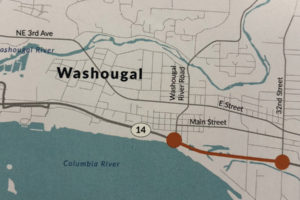 A Washington State Department of Transportation (WSDOT) map shows two roundabouts that will be constructed in 2019 at 15th and 32nd streets in Washougal, along Highway 14. (Contributed illustration courtesy of WSDOT)