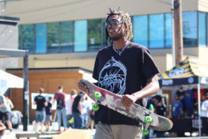 A Portland skateboarder who goes by one name, Wolf, watches as other skaters perform jumps and stunts at a June 14 fundraiser for the Camas-Washougal skatepark, held at Grains of Wrath brewery in downtown Camas. (Photos by Kelly Moyer/Post-Record)