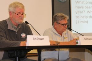 Jim Cooper (left) and Bill Durgan, candidates for the Port of Camas-Washougal's No. 2 commissioner position, speak at the Clark County League of Women Voters candidate forum at the Camas Public Library on Oct. 23. 