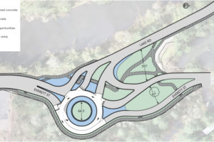 An illustration shows the future traffic roundabout design at Lake Road and Everett Street in Camas. (Illustration courtesy of city of Camas)