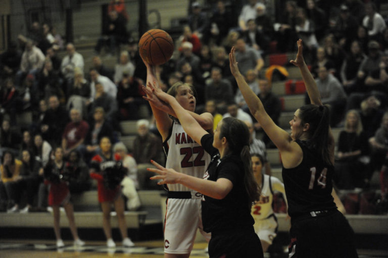 Camas High junior Faith Bergstrom uses a hook shot to find nothing but net on this shot against Union on Jan. 7.