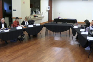 Camas officials meet for the Camas City Council's annual planning retreat on Friday, Jan. 24, at Lacamas Lake Lodge. Pictured from left to right (around the table) are Camas School District Superintendent and planning retreat mediator Jeff Snell, Camas Mayor Barry McDonnell and Council members Ellen Burton, Bonnie Carter, Shannon Roberts, Steve Hogan, Melissa Smith and Greg Anderson. Audience members seated to the left of city officials included Camas Police Chief Mitch Lackey (back row, far left). (Kelly Moyer/Post-Record)