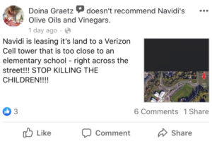 Screenshots show negative comments targeting Navidi's Olive Oils and Vinegar, a downtown Camas business. (Photos by Kelly Moyer/Post-Record)