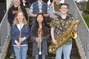 Washougal High School students will participate in the North County All-County Band, including (front row, left to right) Mary Lendvoyi, Grace Jacobsen and Hunter Thacker; (center row, left to right) Hayden Zumwalt, Thomas Hein and Jace Poulsen; and (top row) Lexi Kneipp (center) and Amara Farah (right). (Contributed photos courtesy of Washougal School District)