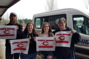 Camas bowlers show their Papermaker pride at a state tournament on Feb. 7. Pictured from left to right: assistant coach Joe Voogt, Kaeli Daniels, Kimmy Boone and coach Barb Burden. (Contributed photo courtesy of Joe Voogt)