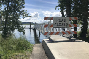 A sign indicates that the Steamboat Landing dock in Washougal is closed. Access to the dock is restricted because proper social distancing can’t be guaranteed, according to city of Washougal leaders. (Doug Flanagan/Post-Record) 