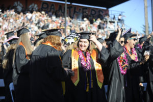 (Post-Record file photo) Washougal High graduates from the Class of 2019 celebrate their graduation at Fishback Stadium in June 2019. This year's graduating seniors will not be able to have in-person graduation events thanks to ongoing shutdowns meant to stem the spread of COVID-19, but Washougal High school leaders have planned online recognition of seniors through May, as well as other virtual celebrations, a parade through Washougal and a sunset-viewing event in early June.