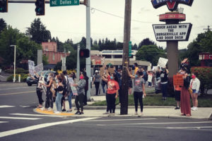 Protesters gather at Northeast Third Avenue and Northeast Dallas Street in downtown Camas on Friday, June 5, to protest police brutality against people of color and support the Black Lives Matter movement. (Contributed photos courtesy of Matt Boswell)