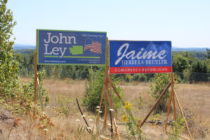 Campaign signs for Camas resident John Ley and Rep. Jaime Herrera Beutler are displayed in Camas on July 31. Herrera Beutler will move on to the Nov. 3 General Election for Washington's Third Congressional District. Ley trails in a three-way bid for the Legislative District 18 senate seat now held by Sen. Ann Rivers. (Kelly Moyer/Post-Record)