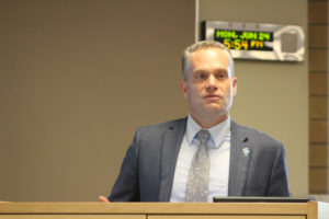 Camas School District Superintendent Jeff Snell speaks to the school board and community members in June 2019. . (Kelly Moyer/Post-Record)