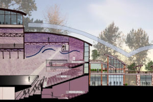 The proposed performing arts and cultural center on the Washougal waterfront would include a 1,200-seat auditorium, orchestra pit, fly tower, view tower, wardrobe, lobby, gallery, studios, classrooms and a rooftop garden. (Contributed illustration courtesy of Martha Martin)