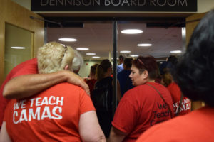 Camas Education Association members pack into the Camas School Board meeting room on Aug. 13, 2018. (Post-Record file photo)