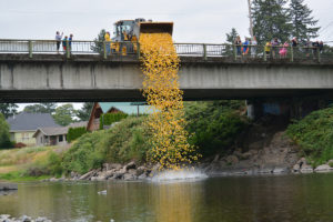 Spectators watch from the Third Avenue Bridge as 5,500 rubber ducks drop into the Washougal River on Sunday, July 23, 2017, to begin the 2017 Ducky Derby. (Post-Record file photo)