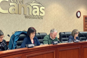 Camas City Council members (from left to right) Ellen Burton, Melissa Smith and Shannon Roberts attend a meeting with Mayor Barry McDonnell (second from right) in December 2019. McDonnell resigned from his position unexpectedly on May 11, 2021.