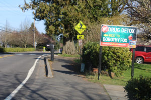 A "No Drug Detox Next to Dorothy Fox" sign stands at the corner of Northwest 28th Avenue and Northwest Utah Street, across from the Camas elementary school, on March 16, 2021. (Kelly Moyer/Post-Record files)