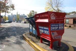 A ballot box stands near the Camas Post Office on Northeast Fifth Avenue in downtown Camas in October 2020. Ballots for the August 2021 primary election go out to voters in mid-July. (Kelly Moyer/Post-Record files)