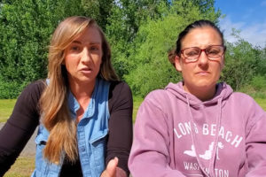 Washougal residents Melissa Mcilwain (left) and Patricia Bellamy speak on a video posted to the newly launched washougalmoms.com website in May 2021. (Screenshot by Doug Flanagan/Post-Record)