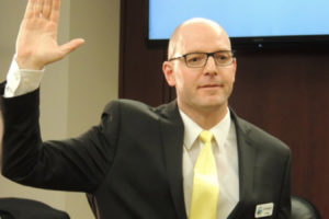 Battle Ground City Manager Jeff Swanson takes his oath of office in 2017. (Courtesy of The Columbian files)