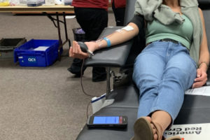 Union High School student Alexis Calvert donates blood at an American Red Cross blood drive sponsored by the Church of Jesus Christ of Latter-day Saints in Camas on July 2, 2021. (Contributed photo courtesy of the Camas Church Jesus Christ of Latter-day Saints)