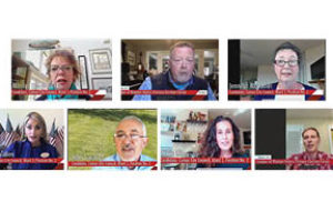 Candidates vying for two seats on the Camas City Council speak at an online candidate forum hosted by the League of Women Voters of Clark County on July 10, 2021. Voters will narrow the candidate field in the Aug. 3 primary election, with the top two voter-getters from each council race moving on to the November general election. Pictured clockwise from upper left: Marilyn Dale-Boerke, Geoerl Niles, Jennifer McDaniel, Shawn High, Alicia King, john Svilarich and Leslie Lewallen. (Screenshots by Kelly Moyer/Post-Record)