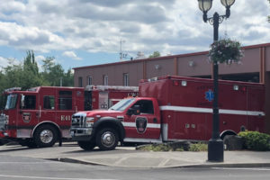 Emergency vehicles are parked outside Camas-Washougal Fire Department Fire Station 41 in downtown Camas May 15, 2020. (Kelly Moyer/Post-Record files)