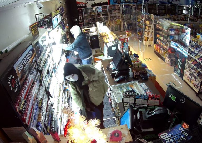 A video camera captured this image of two burglary suspects stealing tobacco products from the 7 Market in Camas on Dec. 28, 2021.