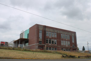 The historic Joyce Garver Theater in Camas is pictured from the outside, midway through its remodel, in July 2021.