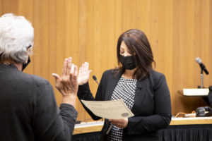 Molly Coston (left) administers an oath-of-office speech to new Washougal mayor Rochelle Ramos at City Hall on Tuesday, Nov. 23. (Michele Loftus/City of Washougal)