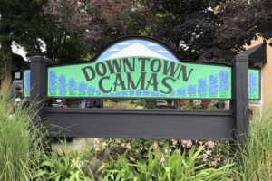 A sign welcomes visitors to downtown Camas in 2021. (Photo courtesy of the Downtown Camas Association)