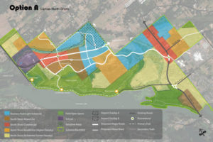 "Option A" shows preliminary land-use concepts for the city of Camas' North Shore, including parks and open spaces (green), business park-light industrial (blue), commercial (red), higher- and lower-density residential (dark and light yellow) and mixed-use (brown). (Illustrations courtesy of the city of Camas)