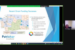 Petrichor Broadband representatives Kara Riebold and Joe Poire (right) show an illustration of their company's recent grant successes during a virtual Port of Camas-Washougal Board of Commissioners meeting held on Zoom on Wednesday, Jan. 19, 2022. (Screenshot by Doug Flanagan/Post-Record)