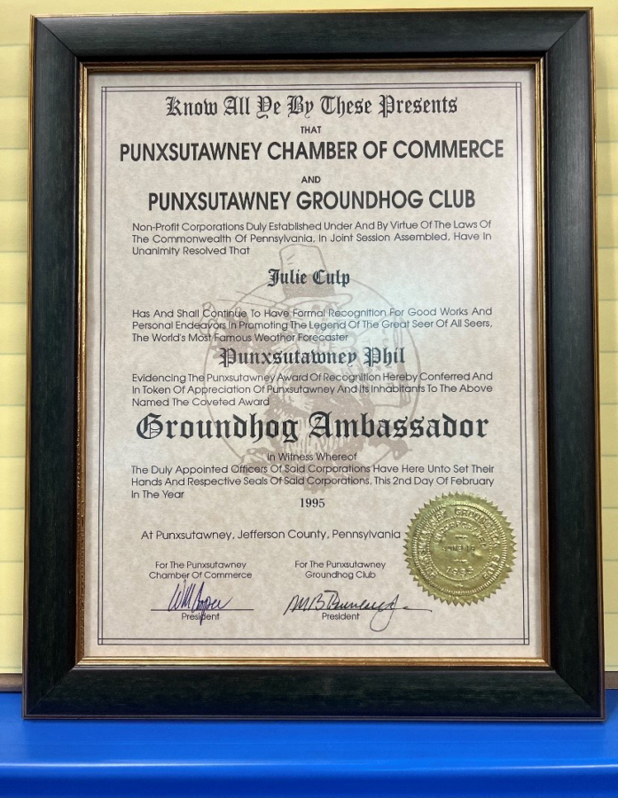 A certificate shows Camas teacher Julie (Culp) Savelesky's official designation by the Punxsutawney, Pa.