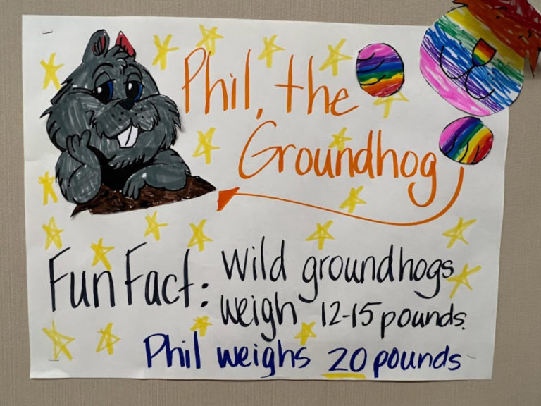 A student's artwork is displayed inside Dorothy Fox Elementary School on Groundhog Day, Wednesday, Feb. 2, 2022.