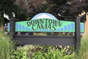 A sign directs visitors to the city of Camas' historic downtown shopping district in 2021. (Photo courtesy of the Downtown Camas Association)