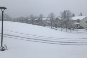 Snow falls in northwest Camas near Grass Valley Elementary School on Monday, April 11, 2022. (Photos by Doug Flanagan/Post-Record)