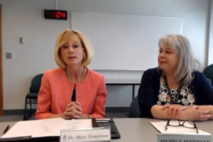 Washougal School District Superintendent Mary Templeton (left) talks with Kent School Board member Michele Bettinger during a town hall event in Kent, Wash., on Thursday, April 7, 2022. (Screenshot by Doug Flanagan/Post-Record)