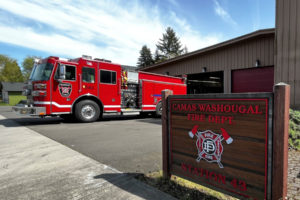 A fire engine sits in front of the Camas-Washougal Fire Department's Station 43 in Washougal on Sunday, April 30, 2022. Consultants have told city officials the station is one of two that will need to be replaced in the next few years. (Kelly Moyer/Post-Record)