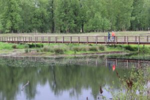 Visitors walk across a bridge at the newly reopened Steigerwald Lake National Wildlife Refuge in Washougal on Saturday, May 7, 2022. (Doug Flanagan/Post-Record)