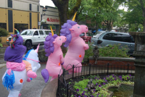 Unicorns gallop through downtown Camas during the June 2021 First Friday event. The theme of the June 3, 2022 First Friday is again 