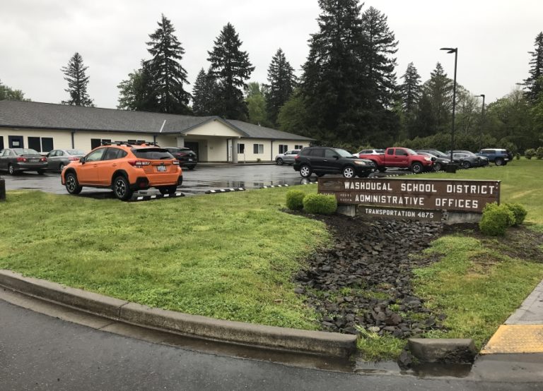A sign welcomes visitors to the Washougal School District&#039;s administrative offices in Washougal in 2021.