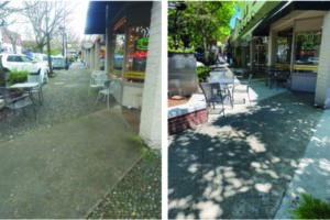 The city of Camas recently replaced 23 aggregate sidewalk sections such as the sections in front of Caffe Piccolo (left) in downtown Camas and replaced them with safer, less slippery sidewalks (right). (Photo courtesy of the city of Camas)